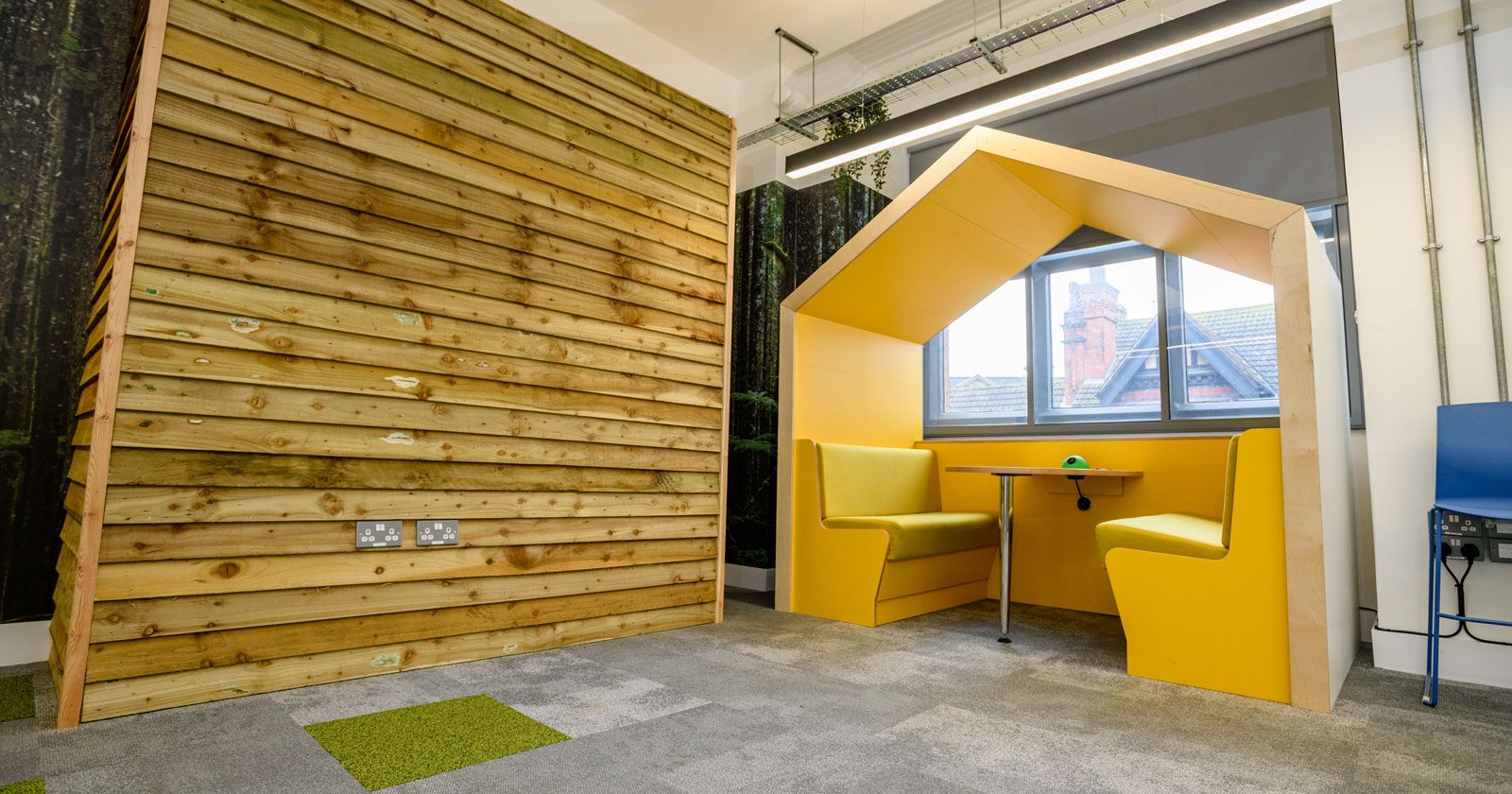 Impression Digital Marketing Yellow Meeting Pod and Natural Wood feature Wall Designed by APSS Joinery