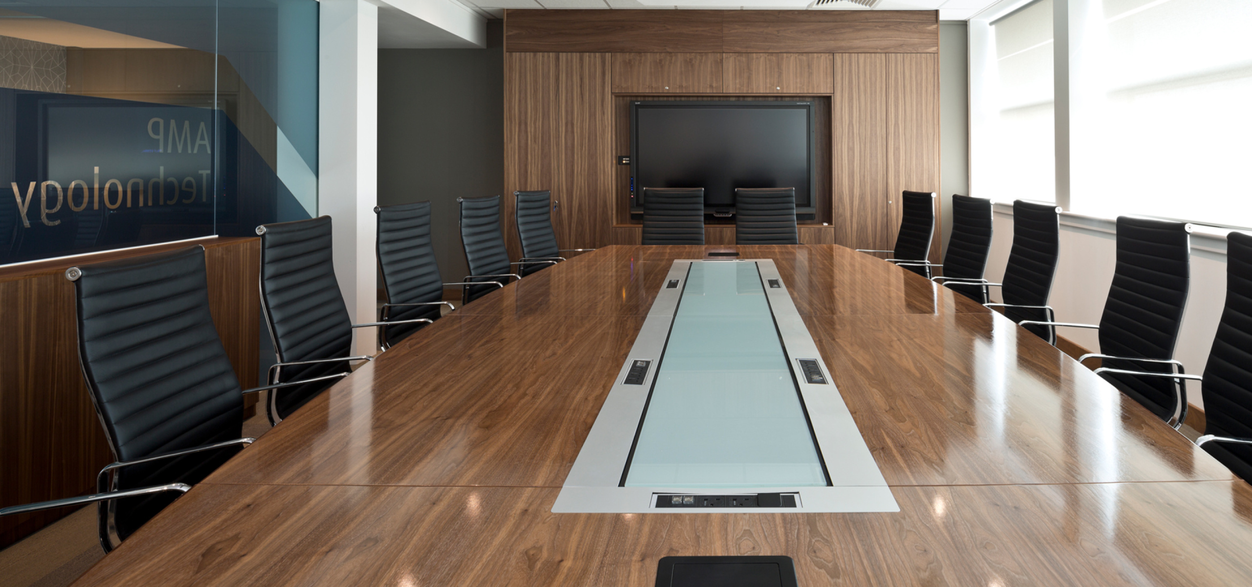 AMP Board Room Bespoke Joinery Walnut Veneered fitted furniture Designed and Built by APSS