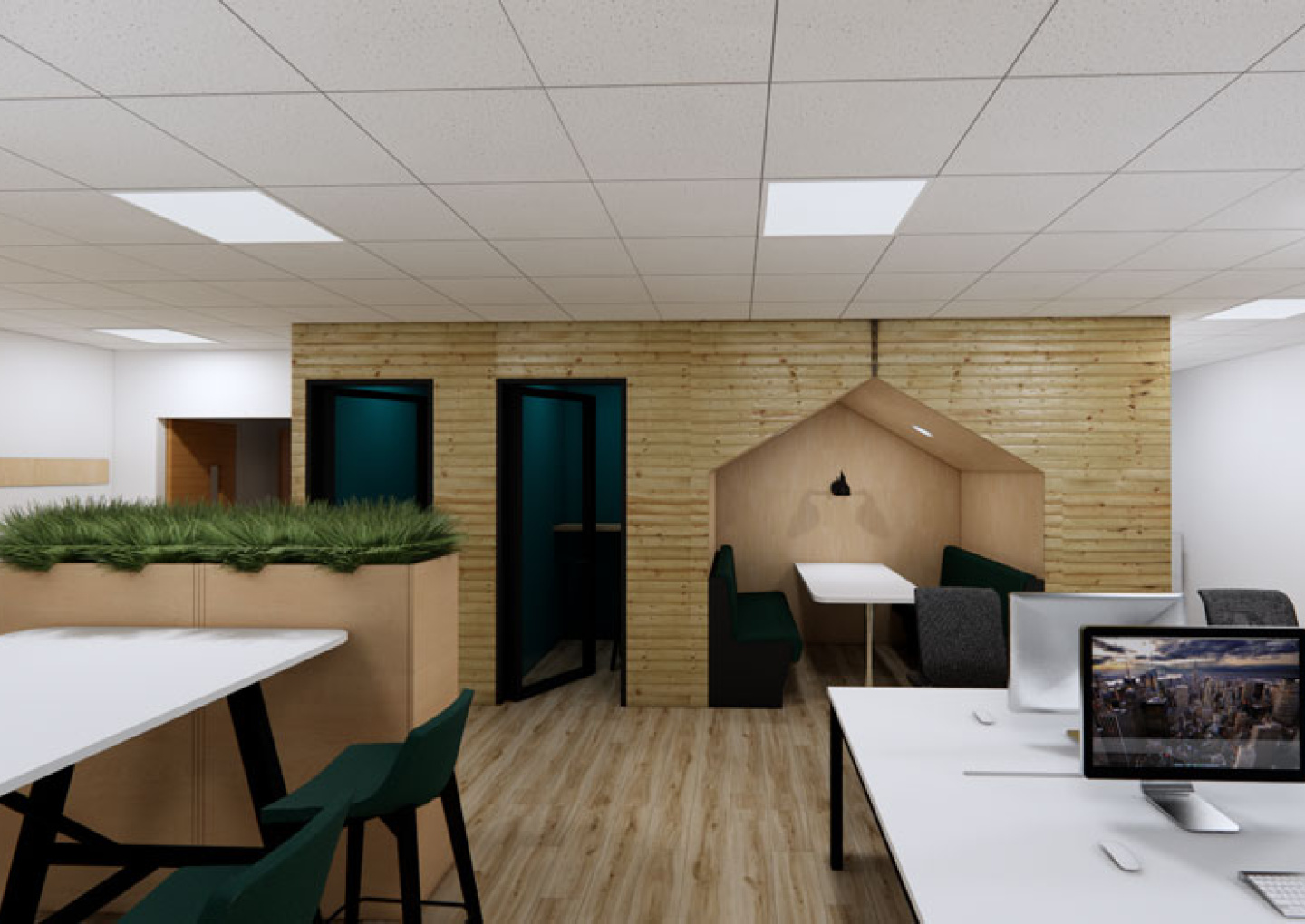 Flexible Office Design with personal meeting rooms and meeting pods by APSS
