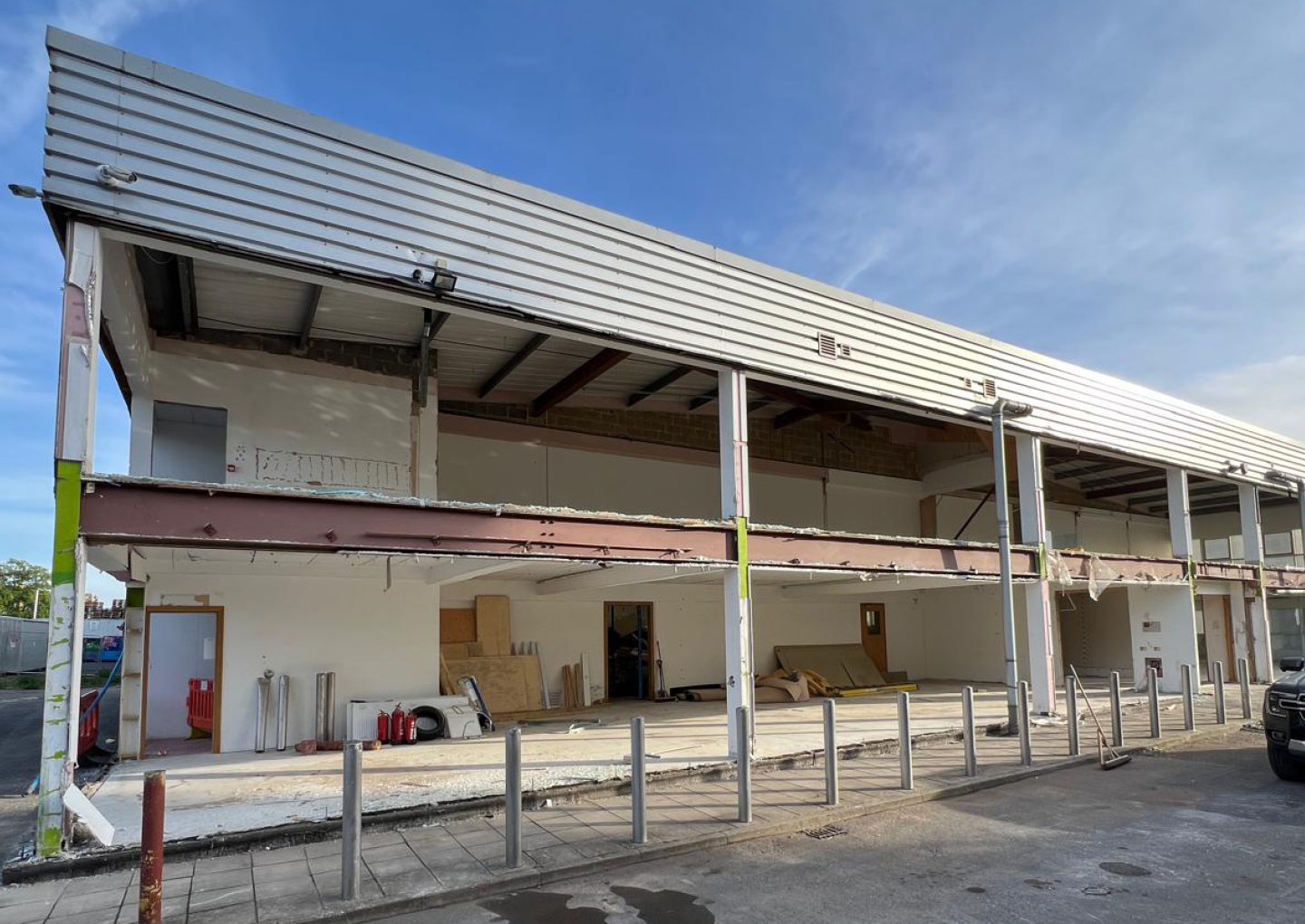 The external walls have been knocked down ready to be rebuild with cladding and curtain walling.